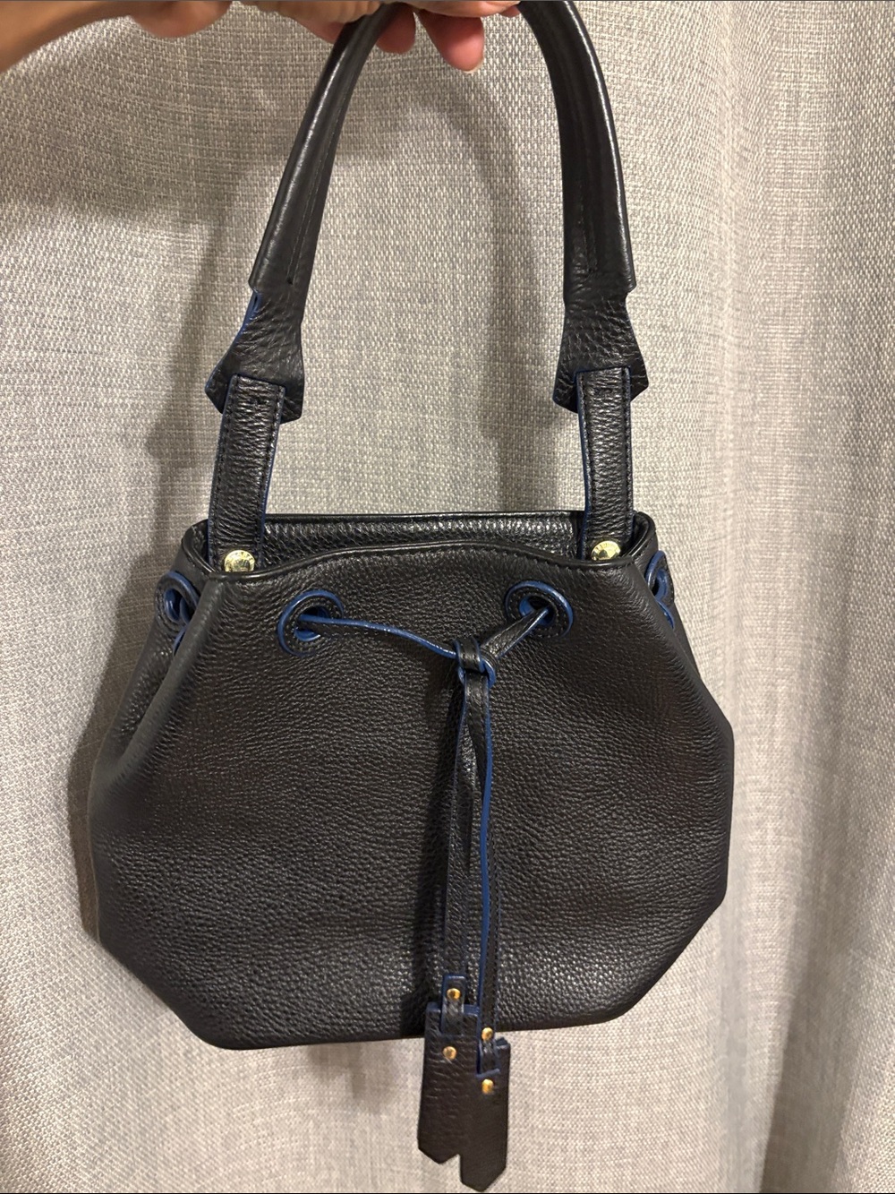 Black Pebbled Shoulder Drawstring Bag with Blue Trim
